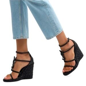 Saint Laurent Black Strappy Wedge Sandals YSL logo